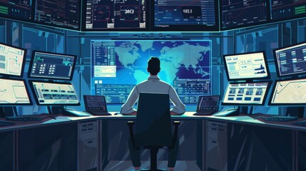 Engineer working at control room,Manager control system,Technician man monitoring program from a lot of monitor - obrazy, fototapety, plakaty