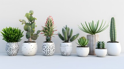 Houseplants cactus plants in pots isolated backgrounds 3d render png - obrazy, fototapety, plakaty