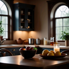Fototapeta na wymiar Frutas manzanas y naranjas en una mesa de una cocina con una vela encendida 