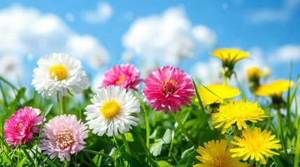 Spring meadow with white and pink daisies, yellow dandelions under sunny blue sky, text friendly