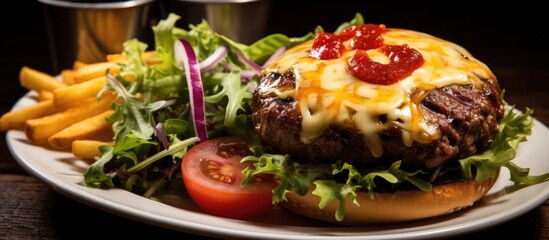 An American cheeseburger topped with crisp lettuce, juicy tomato slices, and a drizzle of ketchup, served with a side of fresh salad.