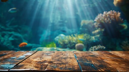 Wooden table top with copy space. Aquarium background