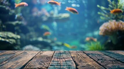 Wooden table top with copy space. Aquarium background