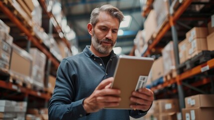Middle aged large company inventory manager using smartphone to scan a barcode on package in warehouse.