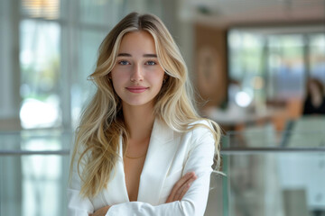 Fototapeta premium Blonde businesswoman in white formal suit dress arms crossed in modern office