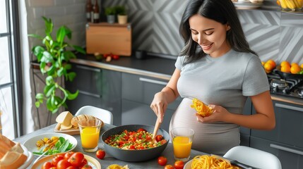 Pregnant woman cooking healthy food. Embracing motherhood, she prepares nourishing meals for two.