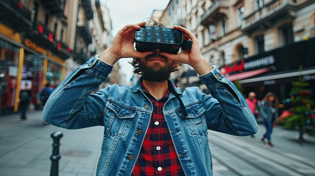 Young man in VR glasses on the streets of a modern city. With VR glasses as his portal, he ventures through the urban maze, uncovering digital wonders hidden in plain sight.