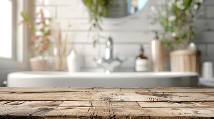 Wooden table top with copy space. Bathroom background - obrazy, fototapety, plakaty