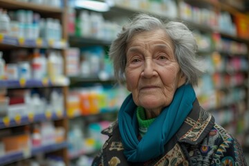 Elderly woman in scarf at pharmacy