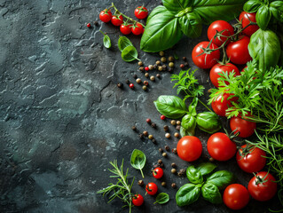 Fresh Tomatoes, Basil, and Herbs on Dark Stone Background, Copy Space