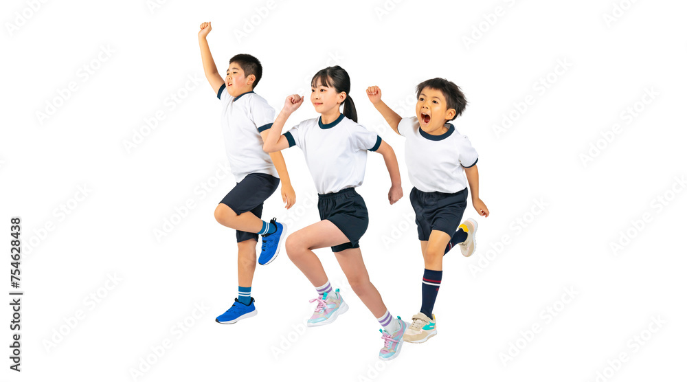 Poster 走り出す体操服を着た子供達　手作業で精密に切り抜いた背景透過全身写真png（1人ずつのpng画像も販売しております。作成者リンクから「png」で検索してください）