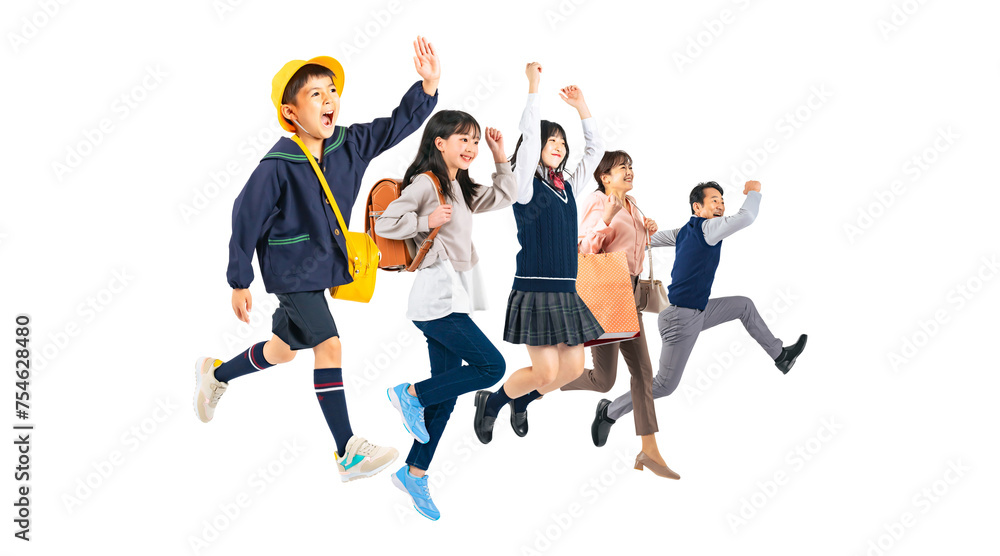 Aufkleber ジャンプする子供と両親のファミリーイメージ　手作業で精密に切り抜いた背景透過全身写真png（1人ずつのpng画像も販売しております。作成者リンクから「png」で検索してください）