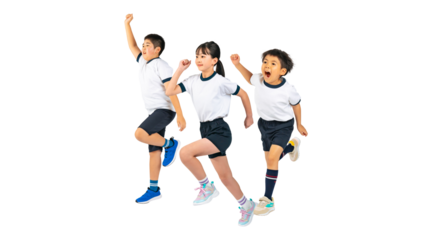 走り出す体操服を着た子供達　手作業で精密に切り抜いた背景透過全身写真PNG（1人ずつのPNG画像も販売しております。作成者リンクから「PNG」で検索してください）