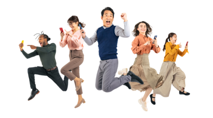 スマホを持ってジャンプする様々な世代や国籍の人々　手作業で精密に切り抜いた背景透過全身写真PNG（1人ずつのPNG画像も販売しております。作成者リンクから「PNG」で検索してください）