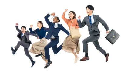 ジャンプする様々な世代と国籍のビジネスパーソン　手作業で精密に切り抜いた背景透過全身写真PNG（1人ずつのPNG画像も販売しております。作成者リンクから「PNG」で検索してください）