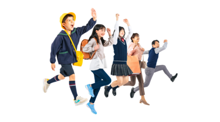 ジャンプする子供と両親のファミリーイメージ　手作業で精密に切り抜いた背景透過全身写真PNG（1人ずつのPNG画像も販売しております。作成者リンクから「PNG」で検索してください）