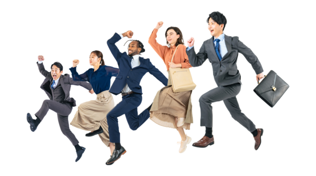 ジャンプする様々な世代と国籍のビジネスパーソン 手作業で精密に切り抜いた背景透過全身写真PNG(1人ずつのPNG画像も販売しております。作成者リンクから「PNG」で検索してください)