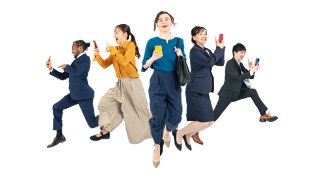 スマホを持ってジャンプする様々な世代や国籍のビジネスパーソン 切り抜き背景透過全身写真PNG(1人ずつのPNG画像も販売しております。作成者リンクから「PNG」で検索してください)