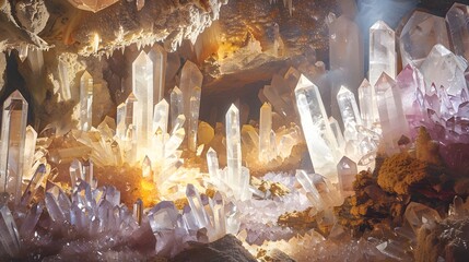 Radiant Crystal Cave Symbolizing Geological Wealth and Growth, To convey a sense of growth and expansion of geological wealth in a mystical and - obrazy, fototapety, plakaty