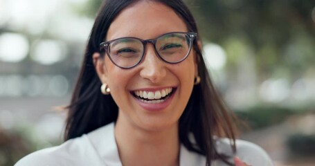 Portrait, woman and smile with laugh for fun, positive attitude and good mood outdoors in city. Happy, laugh and face of consultant with glasses for vision, job pride and confidence in morning
