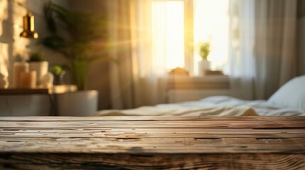 Wooden table top with copy space. Bedroom background