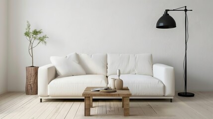 Contemporary Interior Design White Sofa Low Angle Shot.
