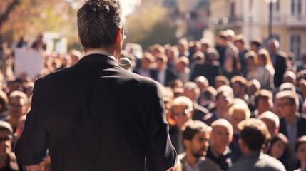 A male politician is giving a speech outdoors in front of the people. - obrazy, fototapety, plakaty
