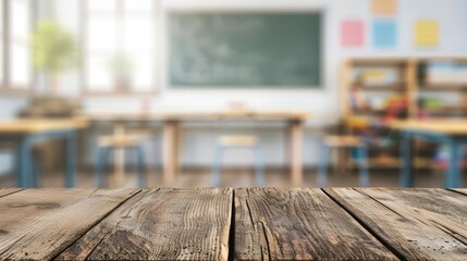 Wooden table top with copy space. Classroom background