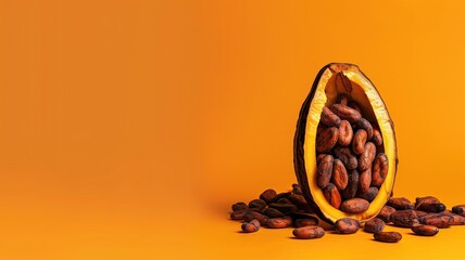 Vibrant cocoa beans in a half cocoa pod against an orange background, symbolizing chocolate origins
