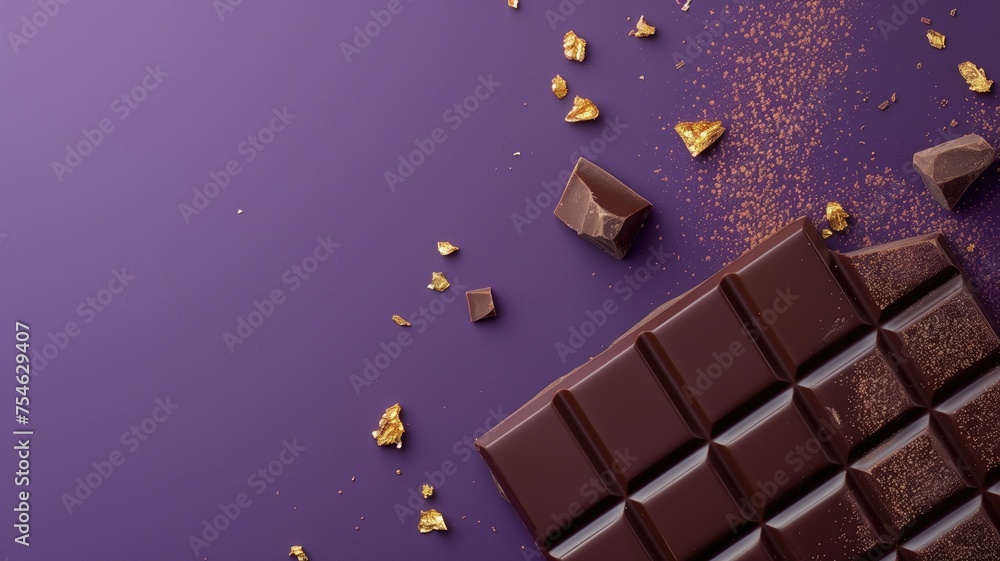 Wall mural Luxurious dark chocolate bar adorned with gold flakes on a purple surface, signifying indulgence