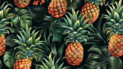 Pineapple illustration seamless pattern with black background - obrazy, fototapety, plakaty