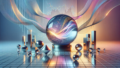 Sales Forecasting Crystal Ball with Geometric Shapes on Calming Background - obrazy, fototapety, plakaty