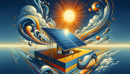 Futuristic solar collector in vibrant, art-inspired composition - obrazy, fototapety, plakaty