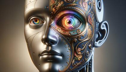 Futuristic humanoid robot with classical art mask and vibrant digital iris.