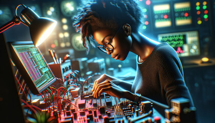 Firmware engineer immersed in breakthrough moment, surrounded by high-tech lab, coding with intense focus.