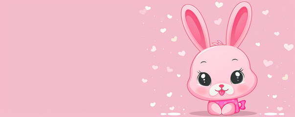 Cute pink easter bunny rabbit with white hearts valentine's copy space illustration