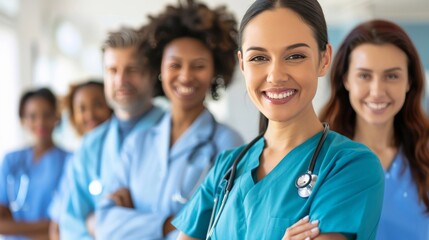 Smiling medical people with stethoscopes. Doctors and nurses