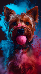 Yorkshire terrier with pink paint on face holding a pink ball in its mouth