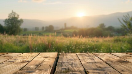 Wooden table top with copy space. Countryside background