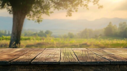 Wooden table top with copy space. Countryside background