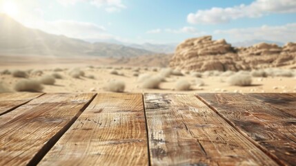 Wooden table top with copy space. Desert background