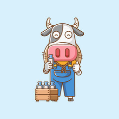 Cute cow farmers harvest fruit and vegetables cartoon animal character mascot icon flat style illustration concept