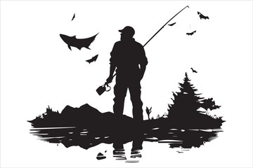 Fisherman fishing silhouette vector illustration