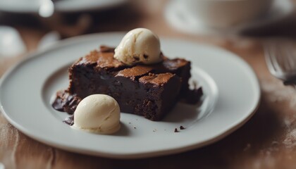 photo closeup of a freshly baked delicious pumpkin chocolate brownie with ice cream on a plate