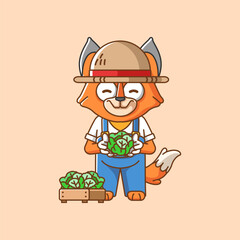 Cute Fox farmers harvest fruit and vegetables cartoon animal character mascot icon flat style illustration concept