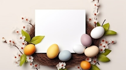 Naklejka na ściany i meble Easter Card With Eggs and Flowers on Bird Nest. Easter Sunday Greeting Card Banner Poster with Copy Space for Text