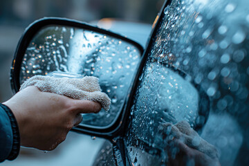 close up of a hand wiping a wet car rearview mirror with a rag - obrazy, fototapety, plakaty