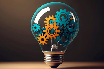 Flat design gears and cogs in light bulb symbolize synergy of business and technology. Abstract...