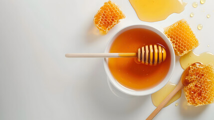Sweet honey displayed in a bowl, surrounded by dippers and combs, all set against a clean white background. - obrazy, fototapety, plakaty