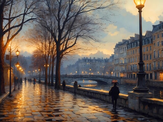 Paris wet riverside walkway at twilight painting